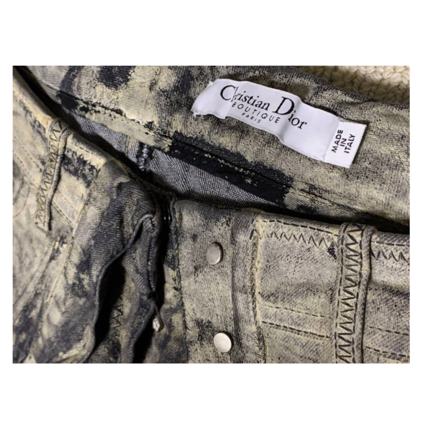 Christian Dior Metallic Paint Faded Fold Over Waist Straight Jeans