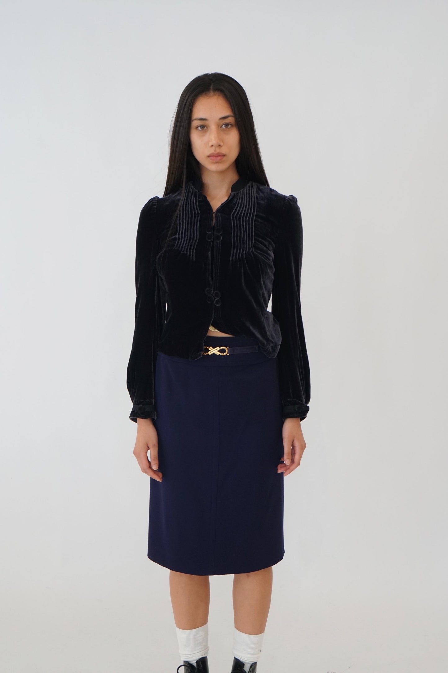 Celine Navy Pencil Skirt W Gold Buckle & Leather Detailing