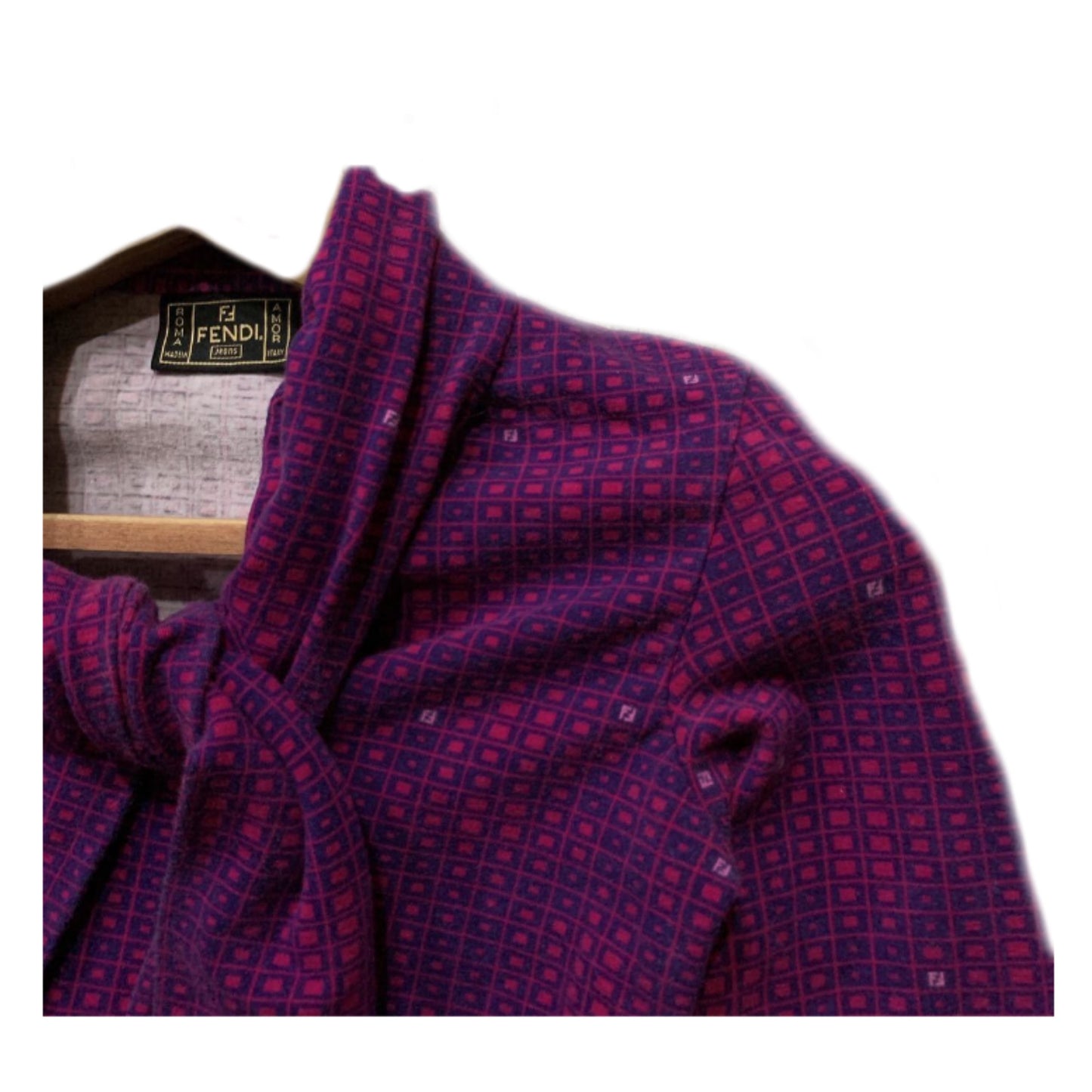 Fendi Checkered LS Logo Pussy Bowtie Top