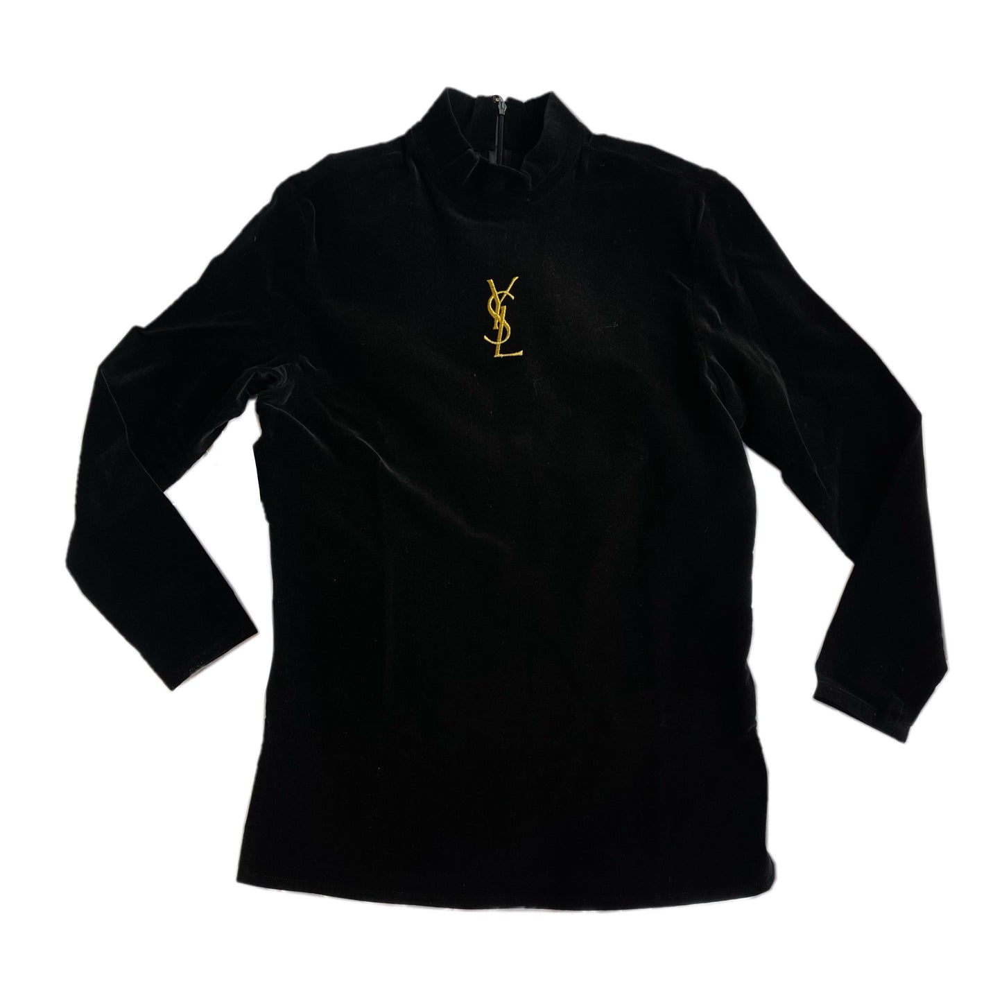 Yves Saint Laurent YSL Black Velvet Turtleneck W/ Gold Embroidered Logo