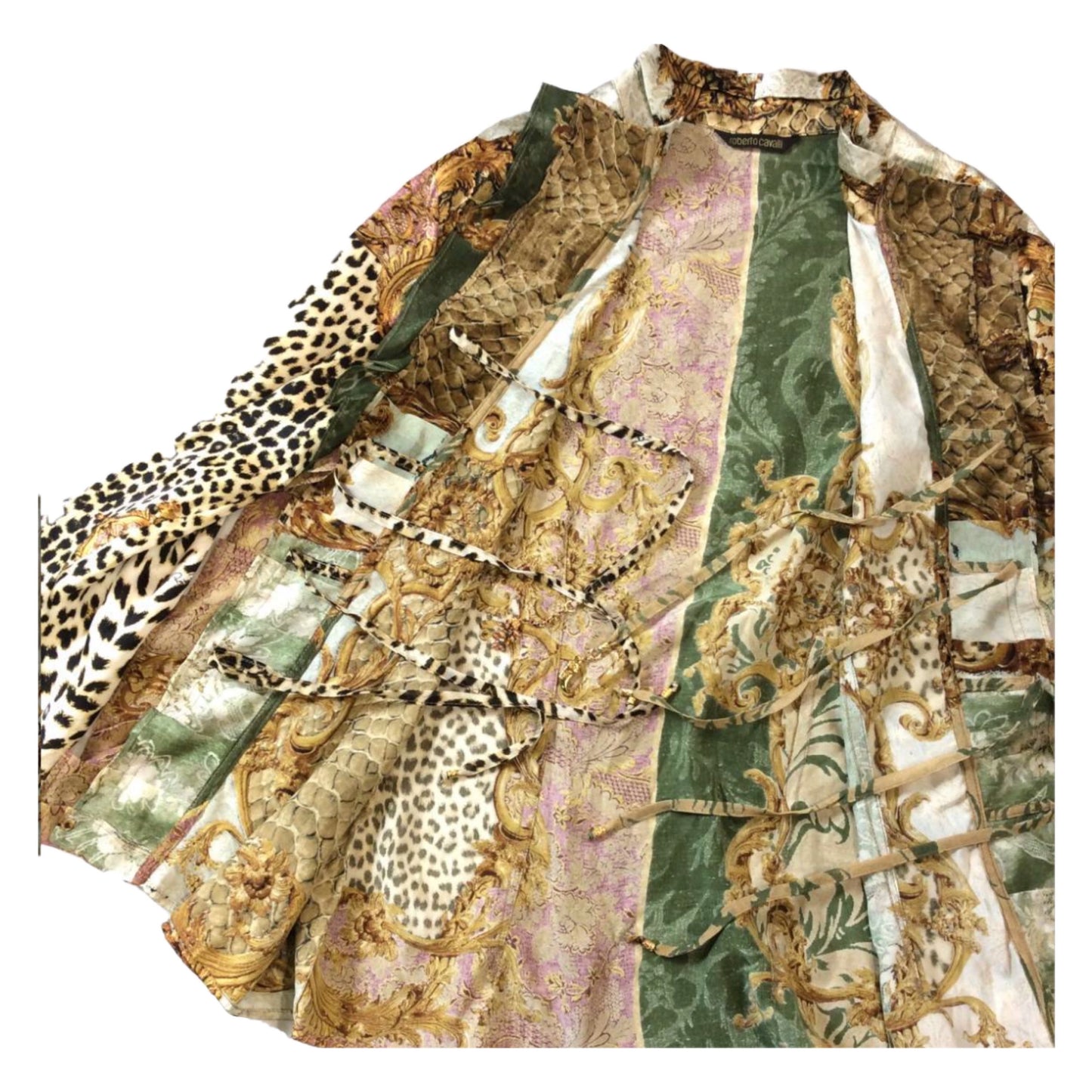 Roberto Cavalli Multi Print Ruffle LS Blouse w Tie
