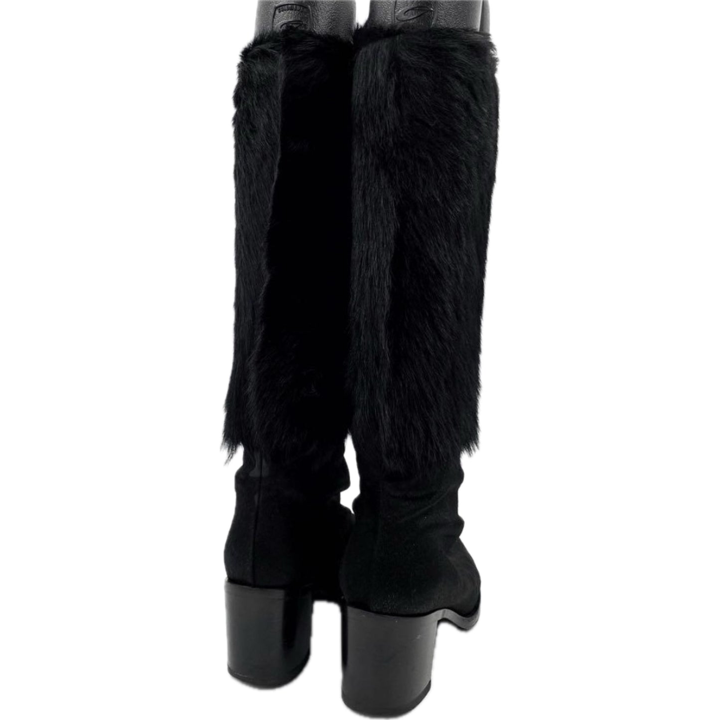 Chanel Fur Knee High Heel Boots W Logo Sz 37.5