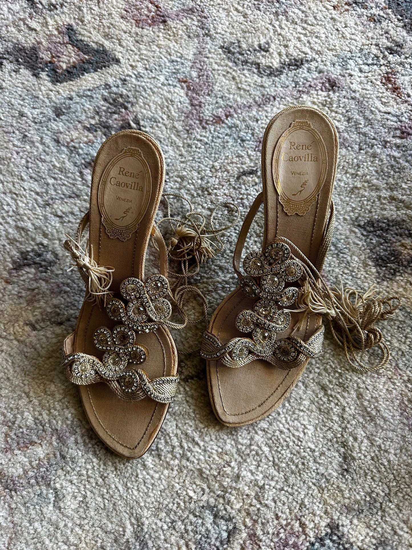 Rene Caovilla Rhinestone Wrap Sandal Heels