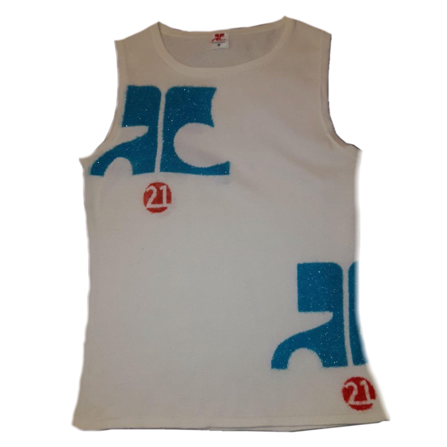 Courreges 21 Blue Glitter Knit Logo Tank Top