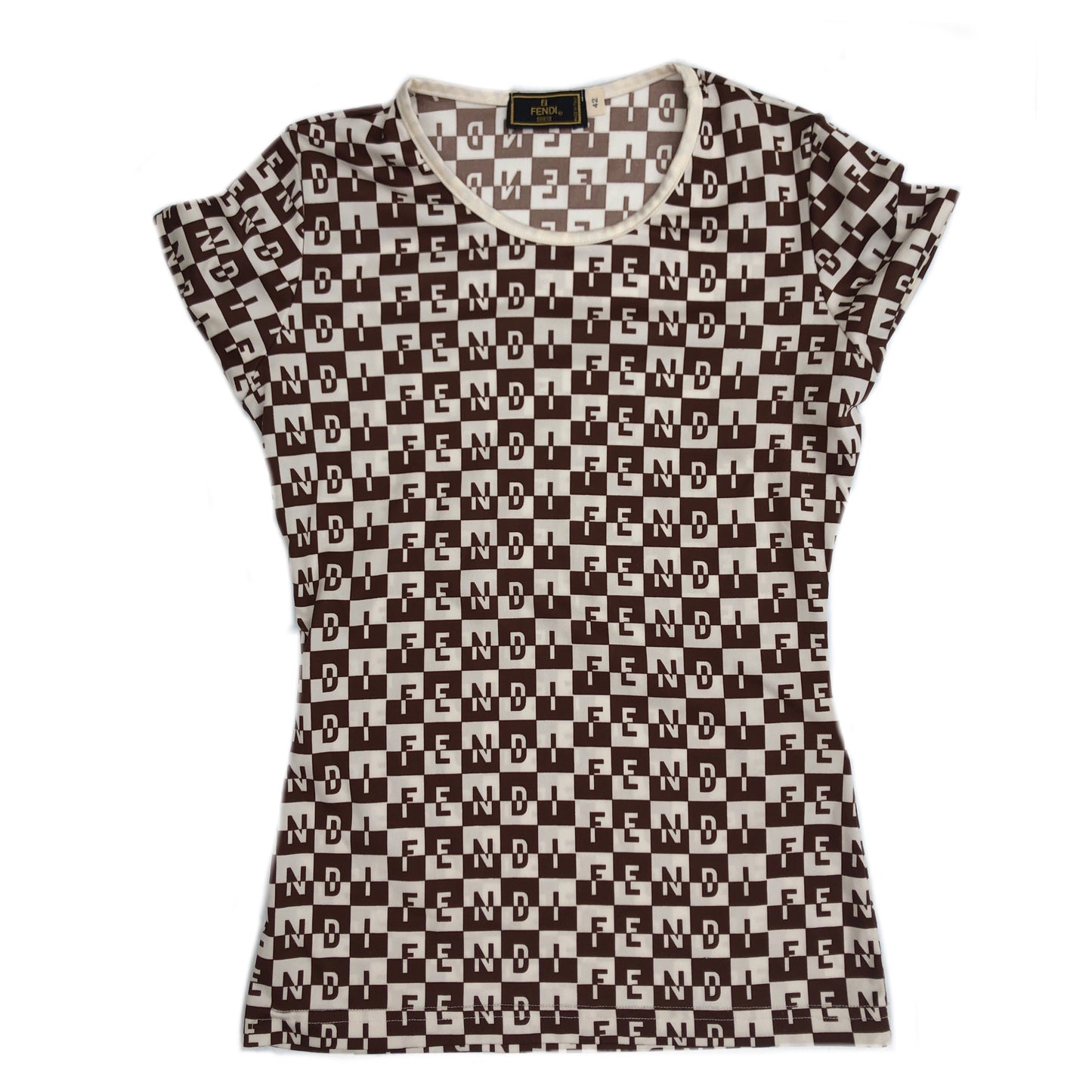 Fendi Brown White Checkered Logo Tee