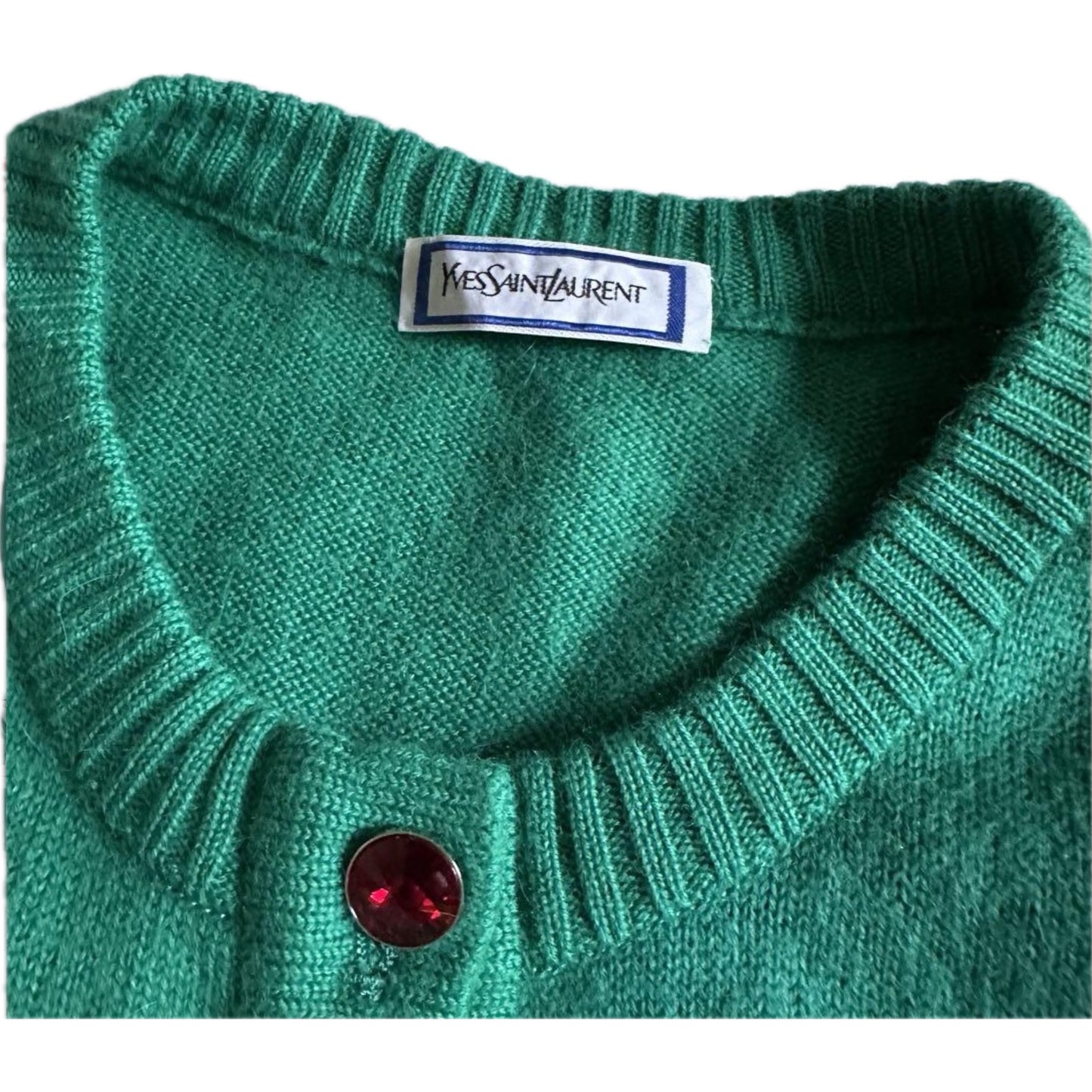 Yves Saint Laurent Green Button Down Gemstone Logo Cardigan