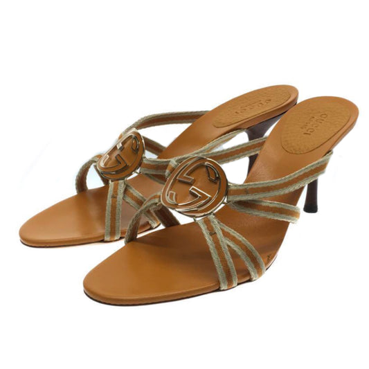 Gucci Metal Logo Stripe Fabric Strappy Sandals sz37.5