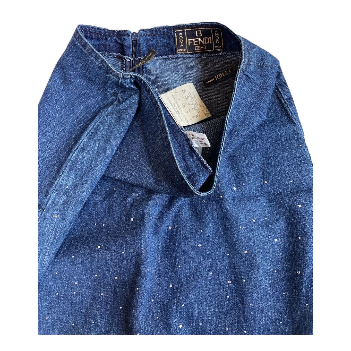 Fendi Chambray Denim Rhinestone Fray Hem Top/Skirt Set