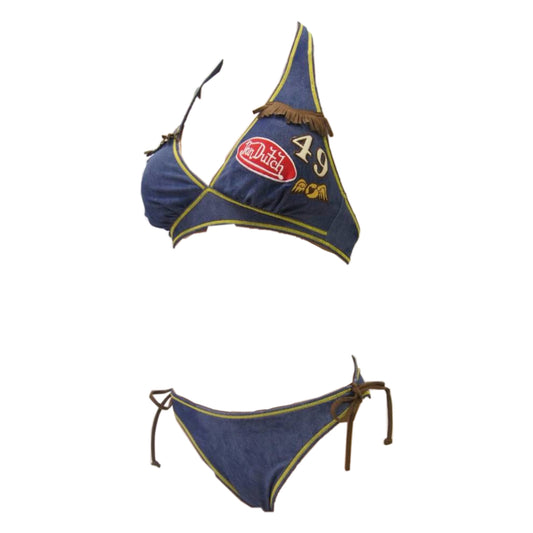 Von Dutch Denim Look Fringe Patch Bikini Set