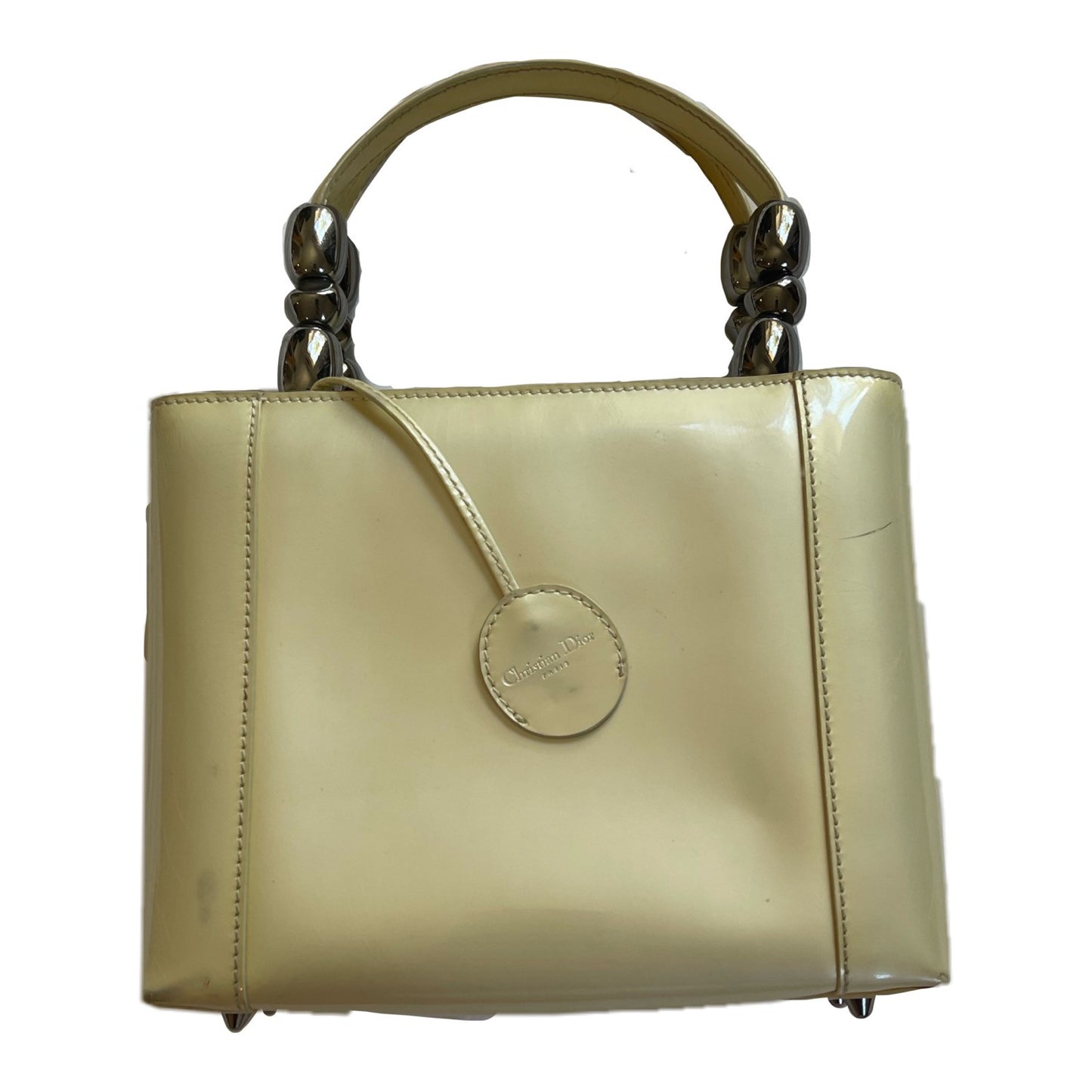 Christian Dior Champagne Vinyl Leather Metal Beaded Tote Bag