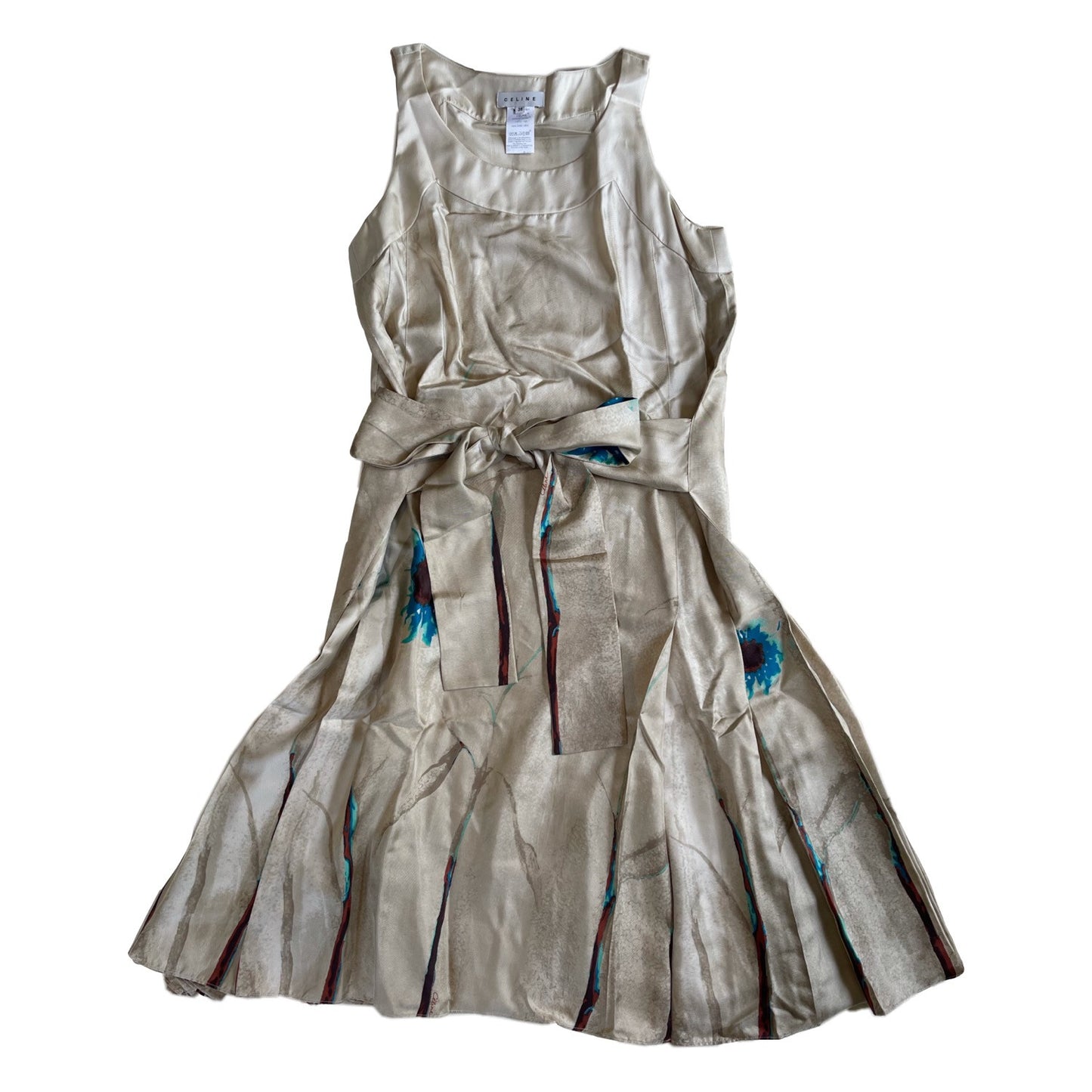 Celine Champagne Pleated Flower Silk Midi Dress