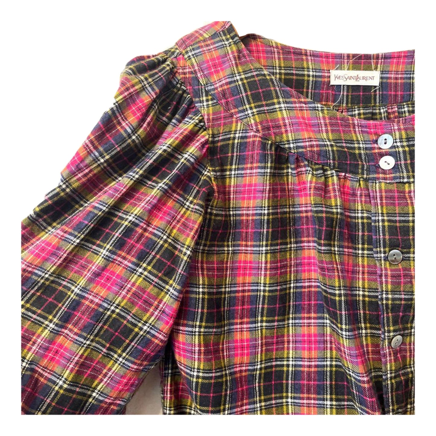 Yves Saint Laurent Round Neck Plaid Balloon Sleeve Button Down Blouse
