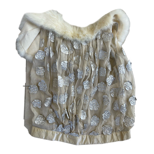 Louis Vuitton Fur Off Shoulder Collar Metallic Floral Applique Silk Top