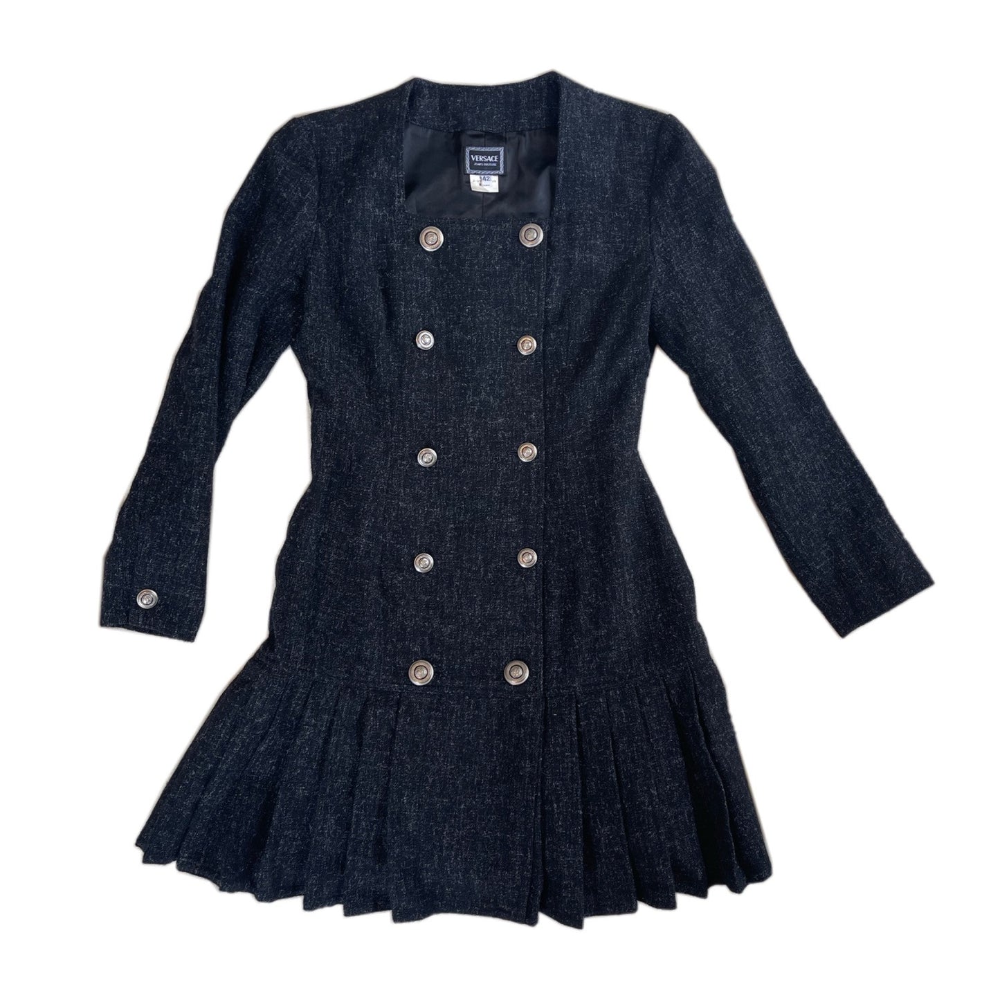 Versace Jeans Couture Charcoal Tweed Pleated Medusa Button Dress