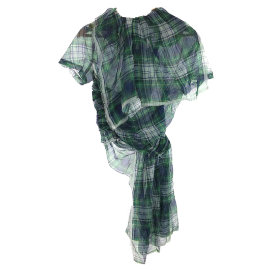 Comme Des Garcons Tartan Assymetrical Peter Pan Collar Ruched SS Blouse