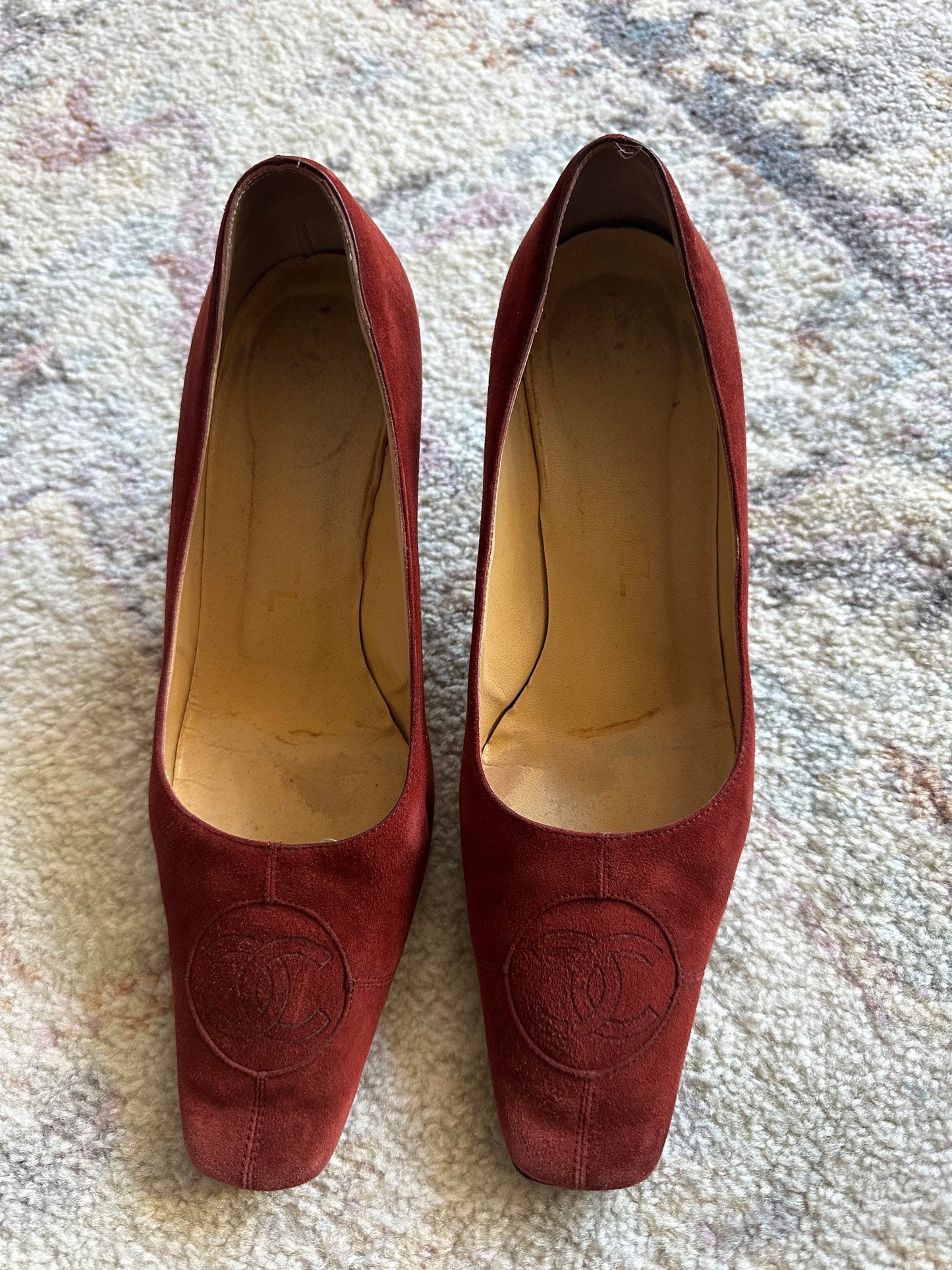 Chanel Red Suede CC Logo Square Toe Heels