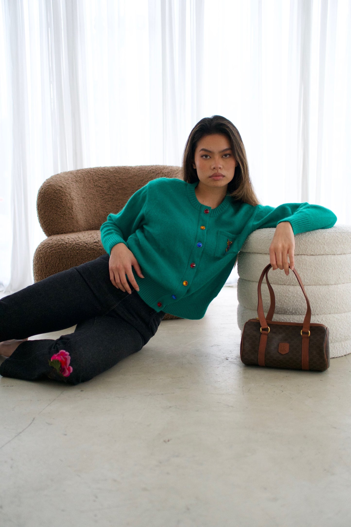 Yves Saint Laurent Green Button Down Gemstone Logo Cardigan