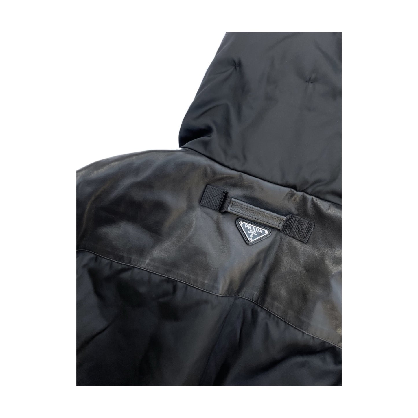 Prada Leather Nylon Fold Over Collar Bomber Jacket