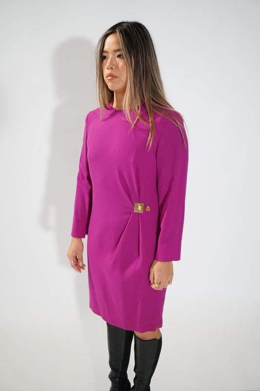 Celine 3/4 Sleeve Fuschia Pink LS Shift Dress w Gold Metal Buckle