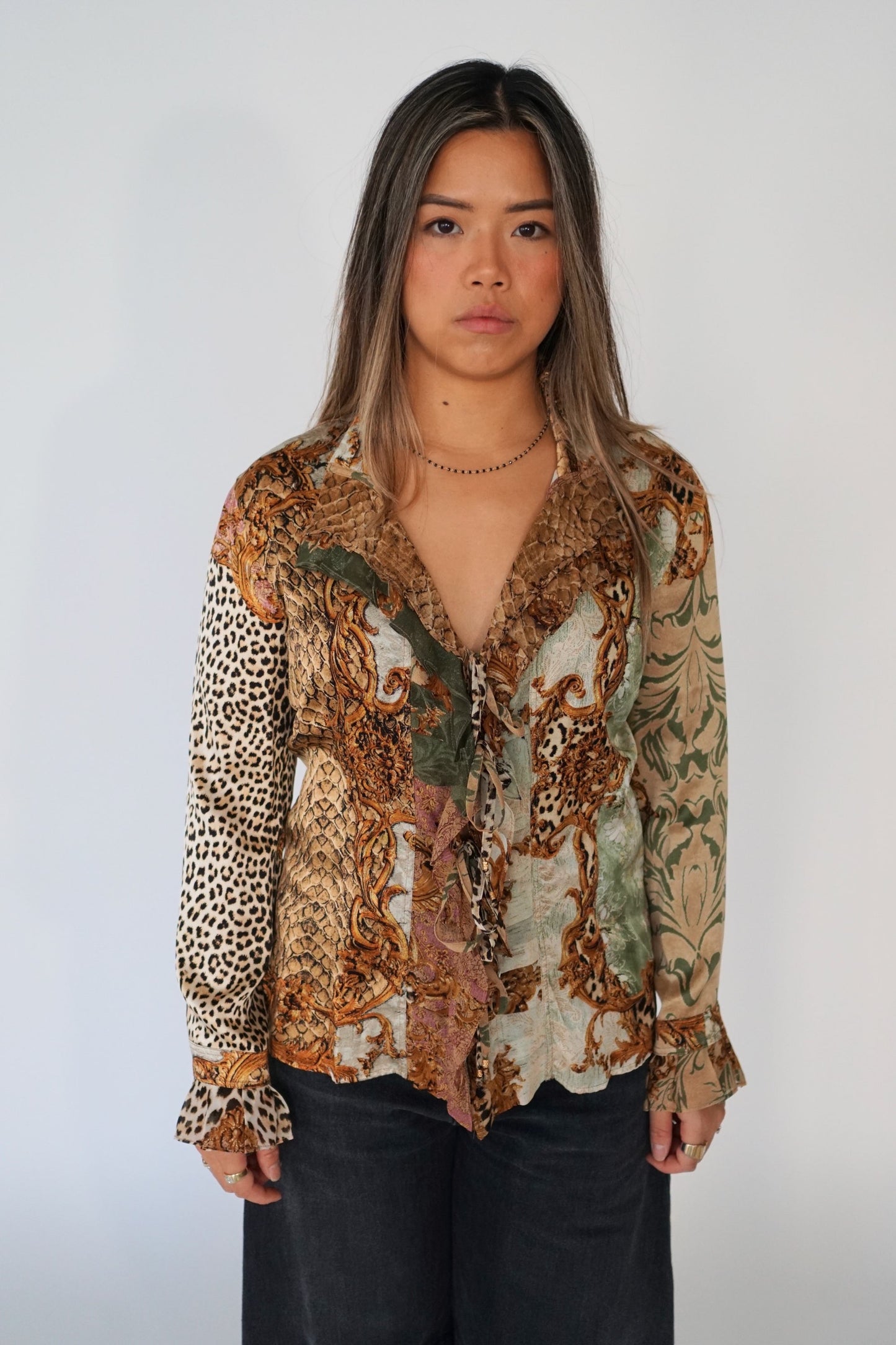 Roberto Cavalli Multi Print Ruffle LS Blouse w Tie