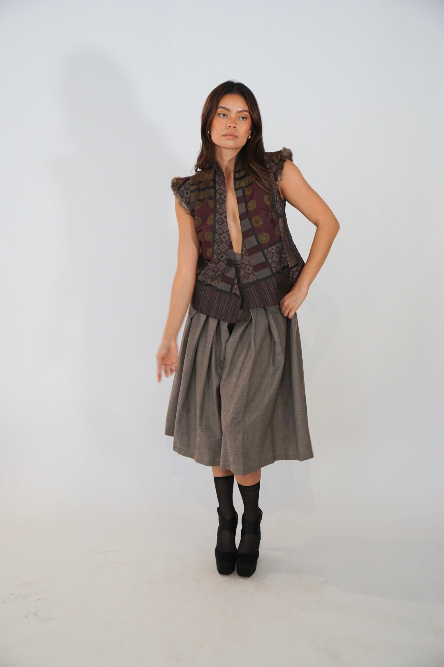 Kenzo Multi Print Vest w Fur Trim Shoulder Pads