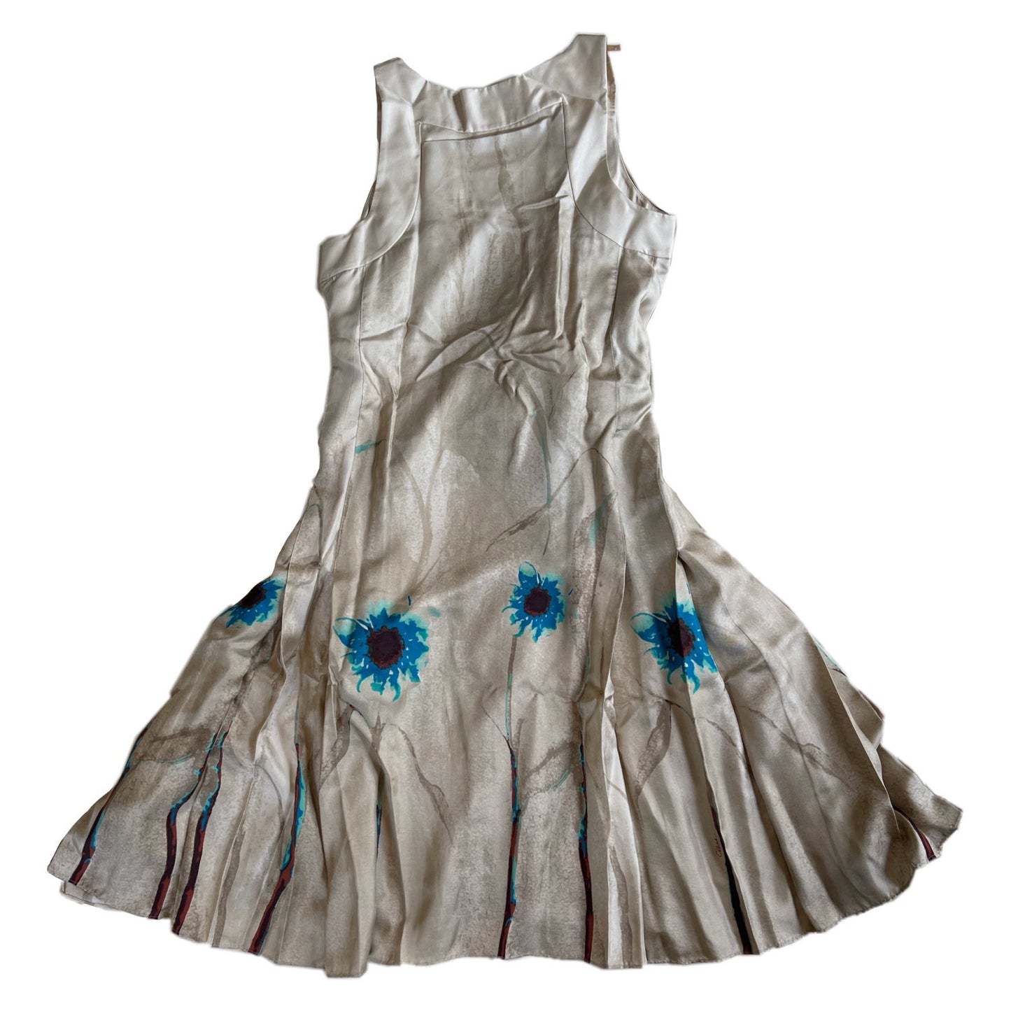 Celine Champagne Pleated Flower Silk Midi Dress