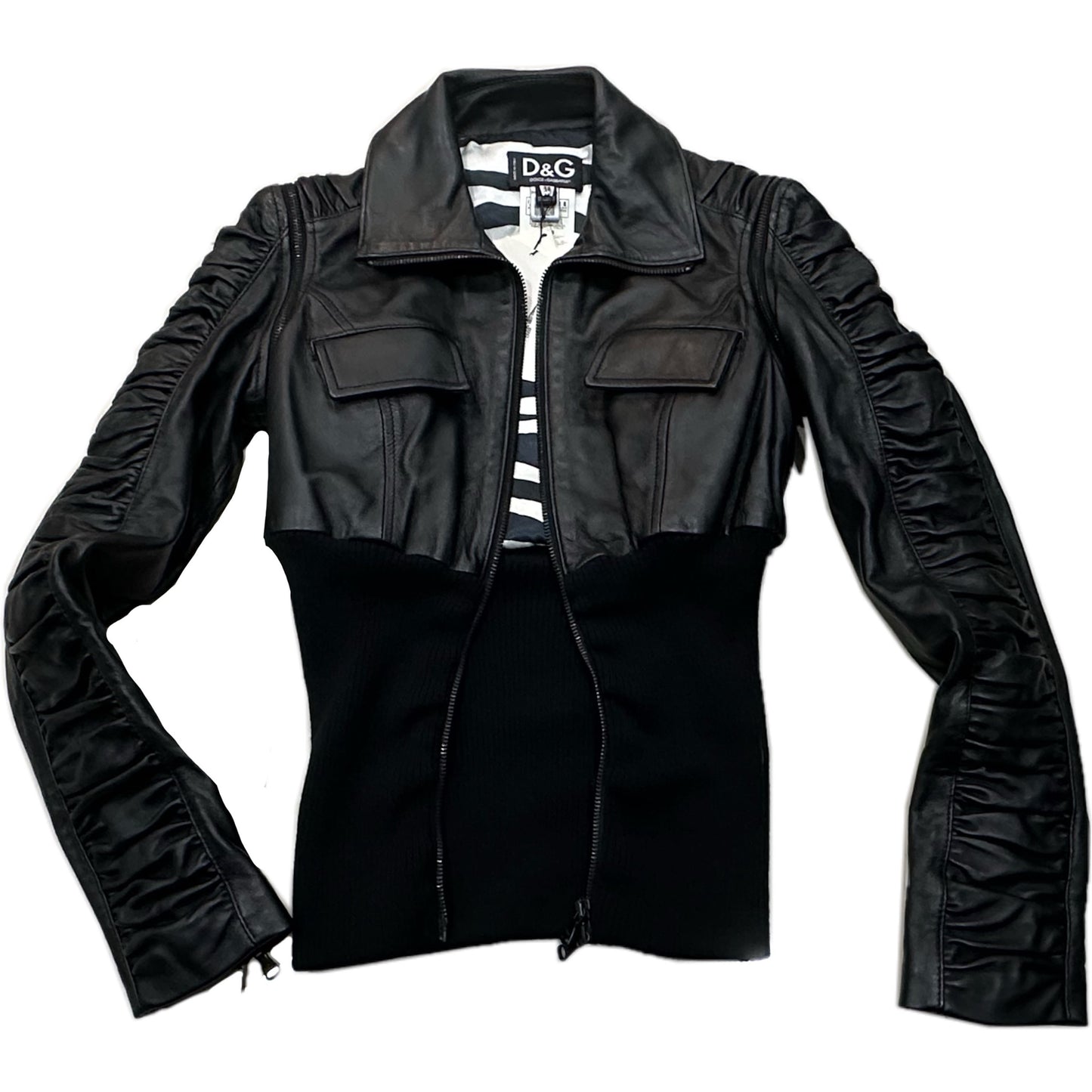 Dolce & Gabbana Leather Pleated Sleeve LeatherJacket w Elastic Waist