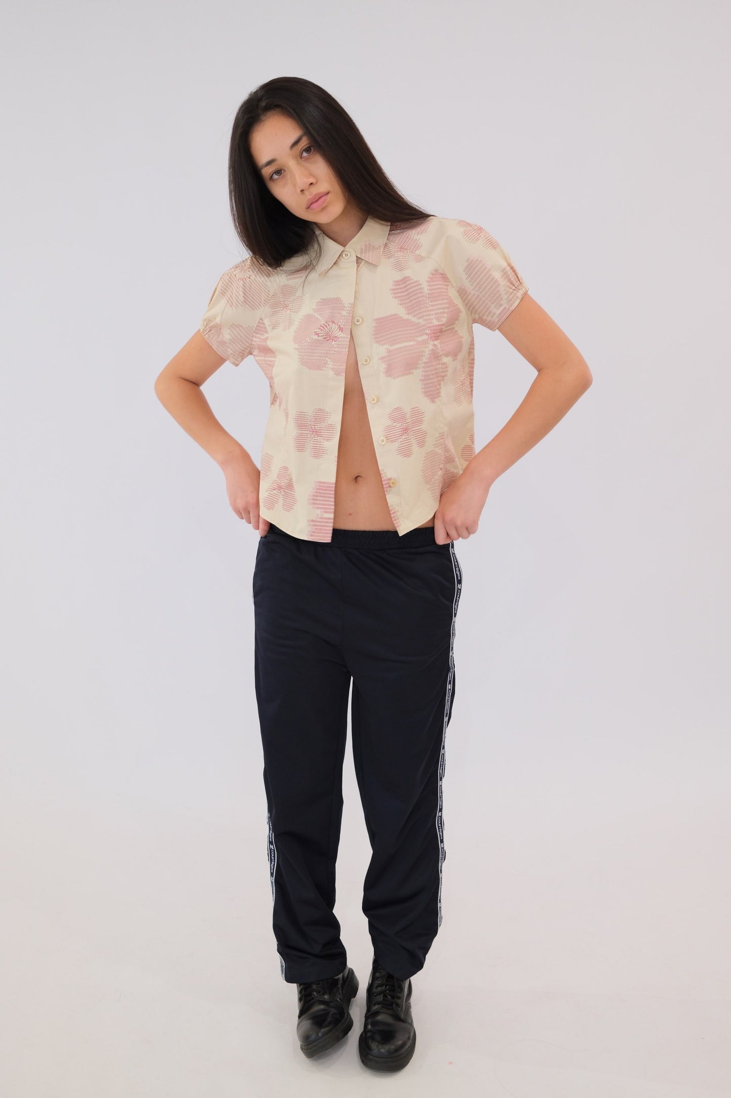 Givenchy Puff SS Pixelated Floral Print Button Down Blouse