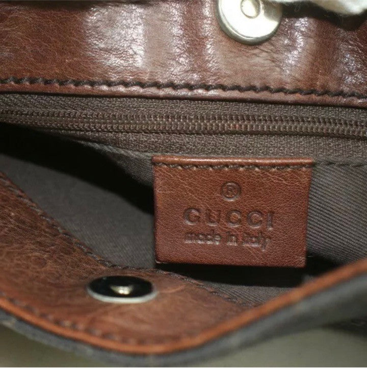 Gucci Mini Canvas Black Monogram Brown Leather Strap Tote
