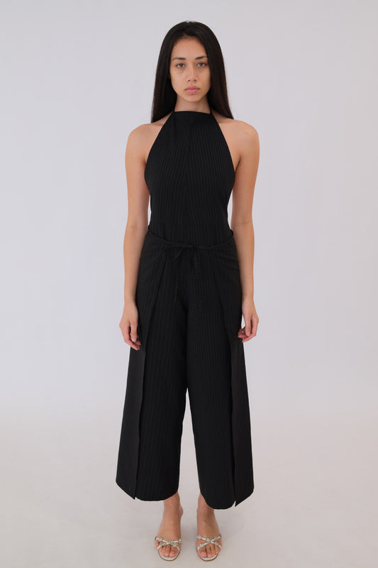 Jean Paul Gaultier Pinstripe Halterneck Leather Belt Wrap Jumpsuit W Split Leg