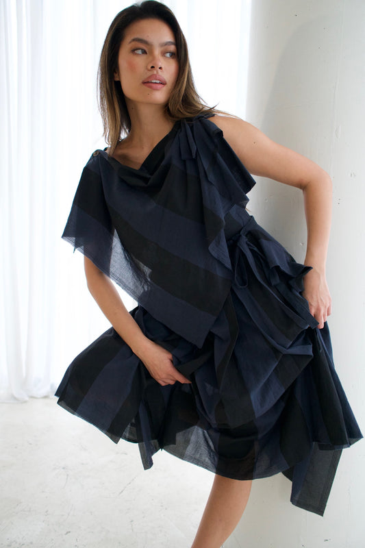 Vivienne Westwood Red Label Stripe Midi Dress w Detachable Cowl Neck & Belt