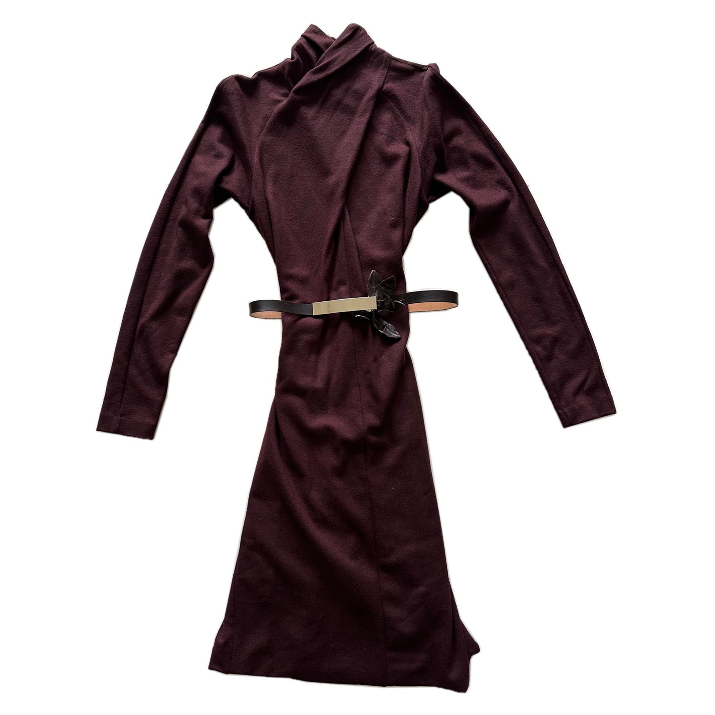 Gucci Burgundy Mock Neck Pleat Neck LS Belted Mini Bodycon Dress