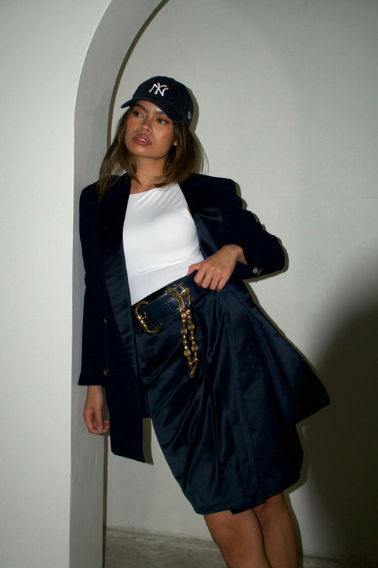 Gianni Versace Double Breasted Blazer Wrap Skirt w Beaded Drop Gold Buckle Belt