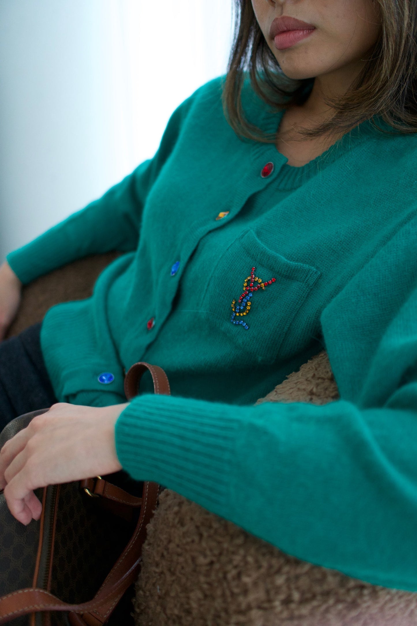 Yves Saint Laurent Green Button Down Gemstone Logo Cardigan