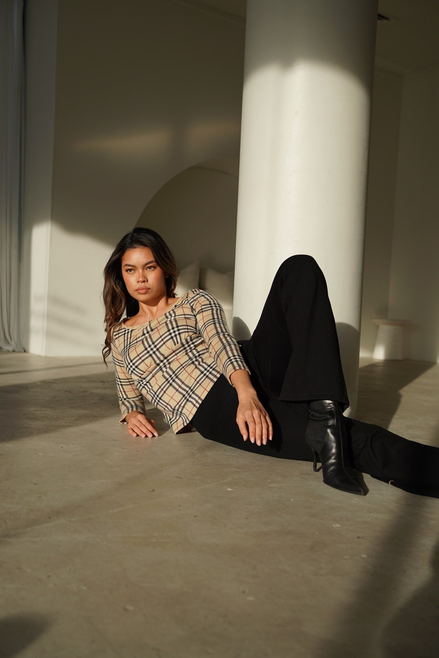 Burberry Blue Label Nova Check LS Scoop Neck Top
