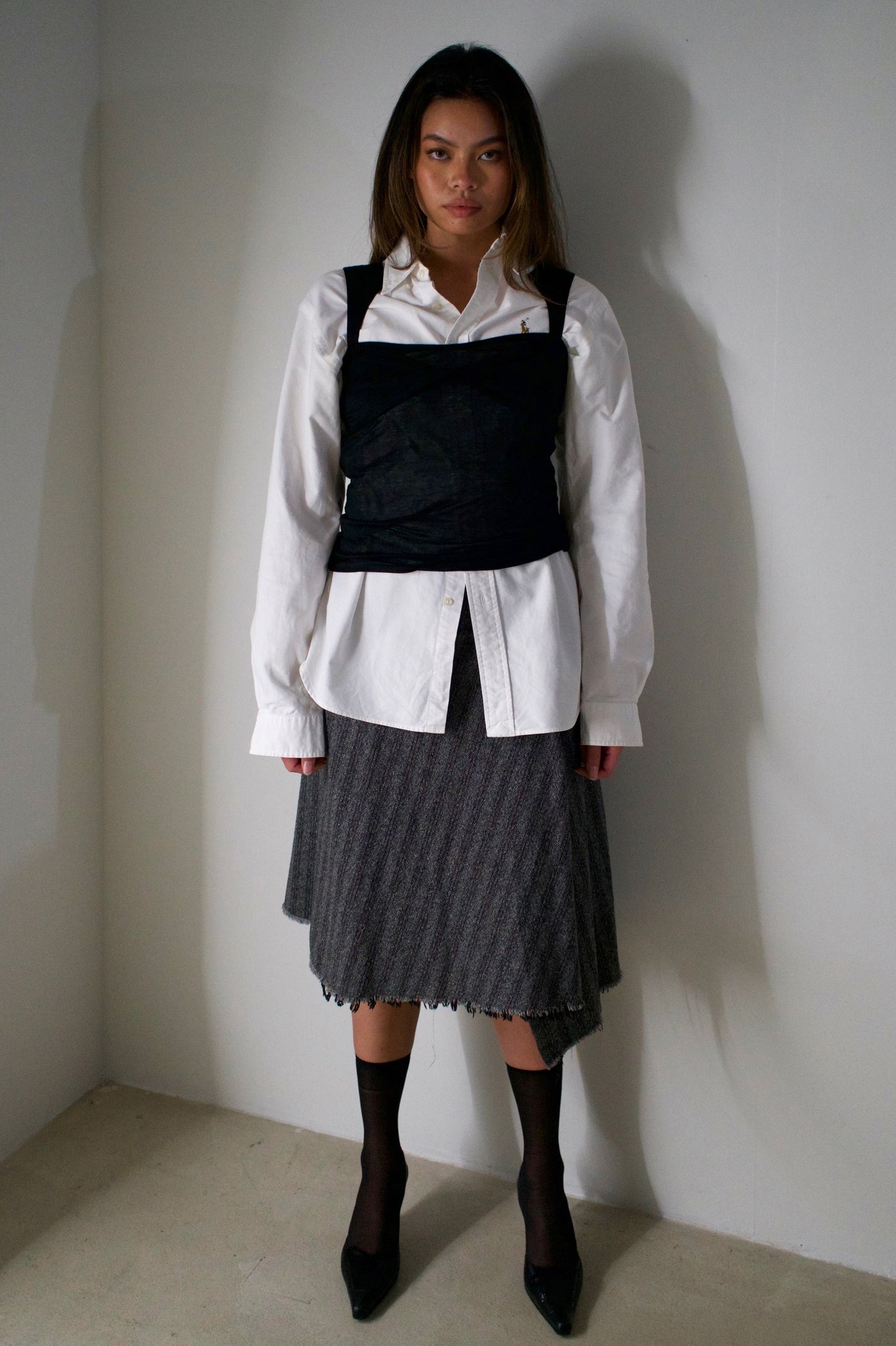 Tricot Comme Des Garcons Stripe Wool Raw Zipper Midi Skirt