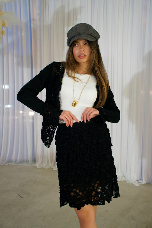 Valentino Crochet Floral Knit Cardigan Skirt Set