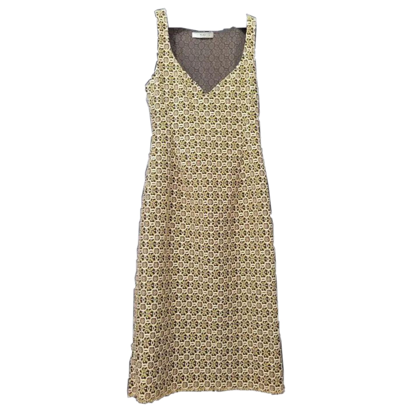 Prada Floral Tile Metallic Sweetheart Sless Midi Dress