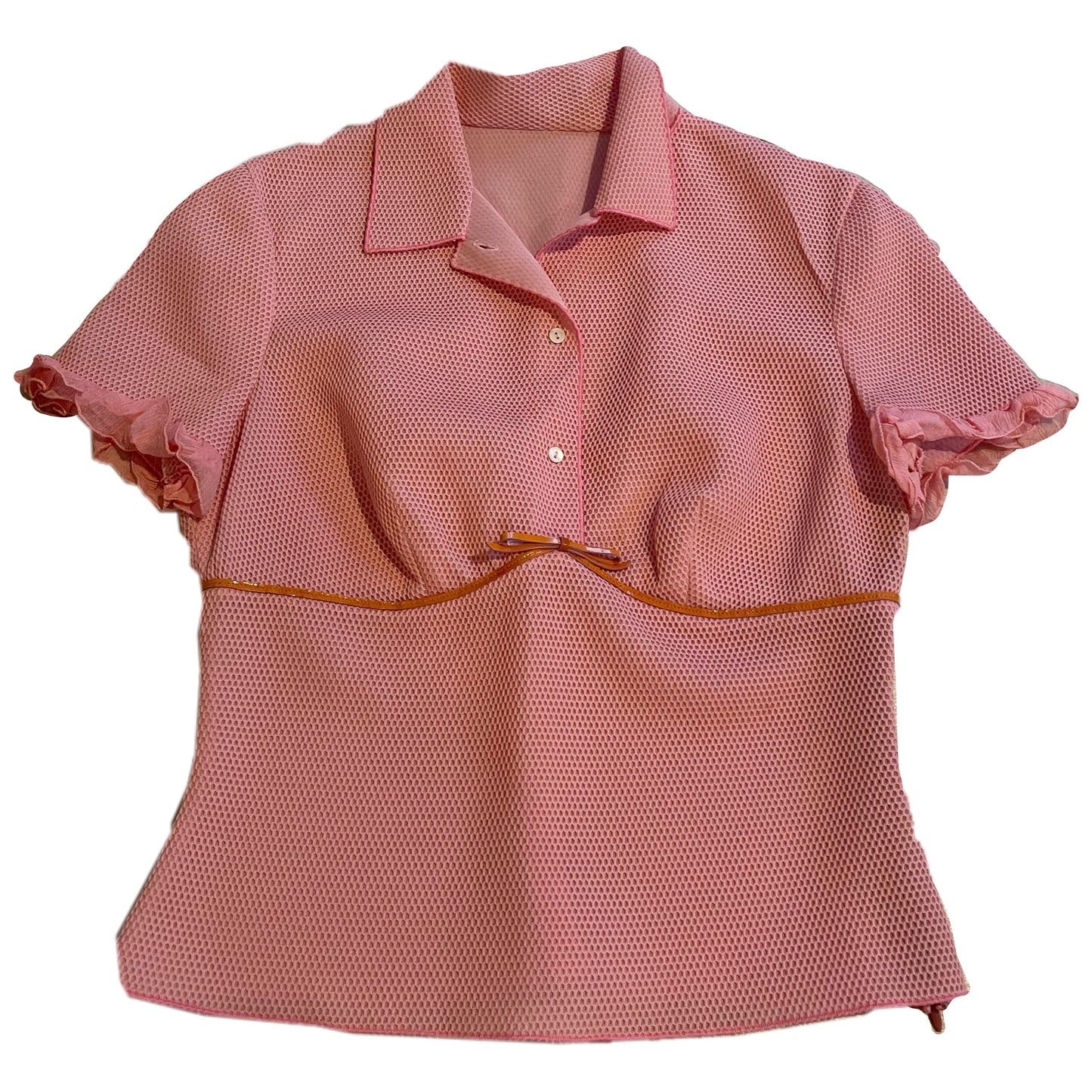 Prada Pink SS Mesh Ruffle Hem w Leather Trim UnderBoob Polo