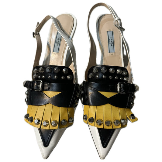 Prada Leather Fringe Studded Point Toe Kitten Heels Sz 38