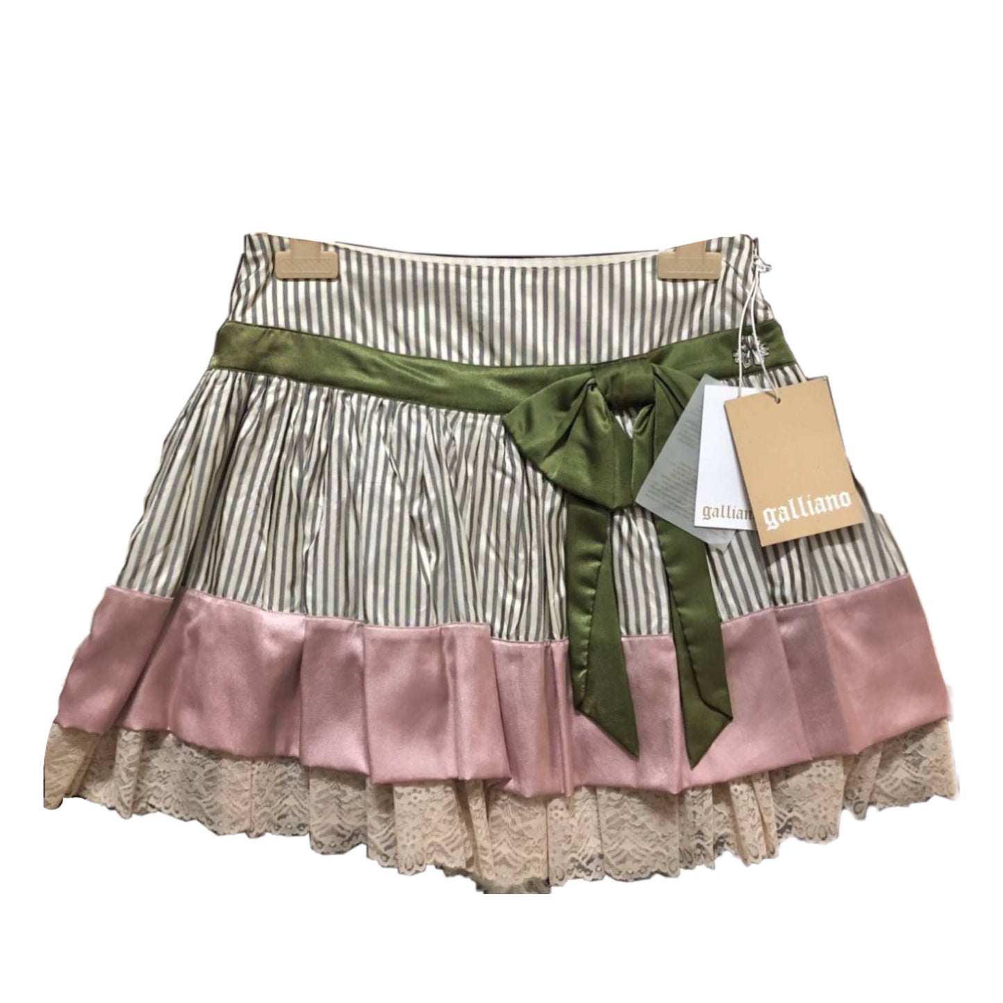 John Galliano Stripe Silk Layered Lace Trim Mini Skirt