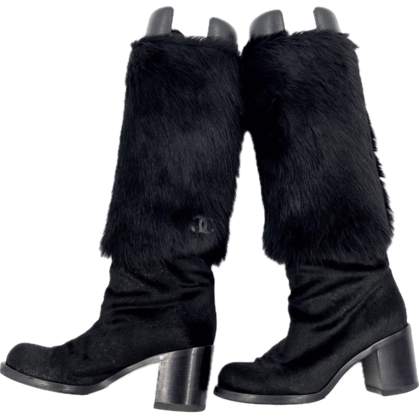 Chanel Fur Knee High Heel Boots W Logo Sz 37.5