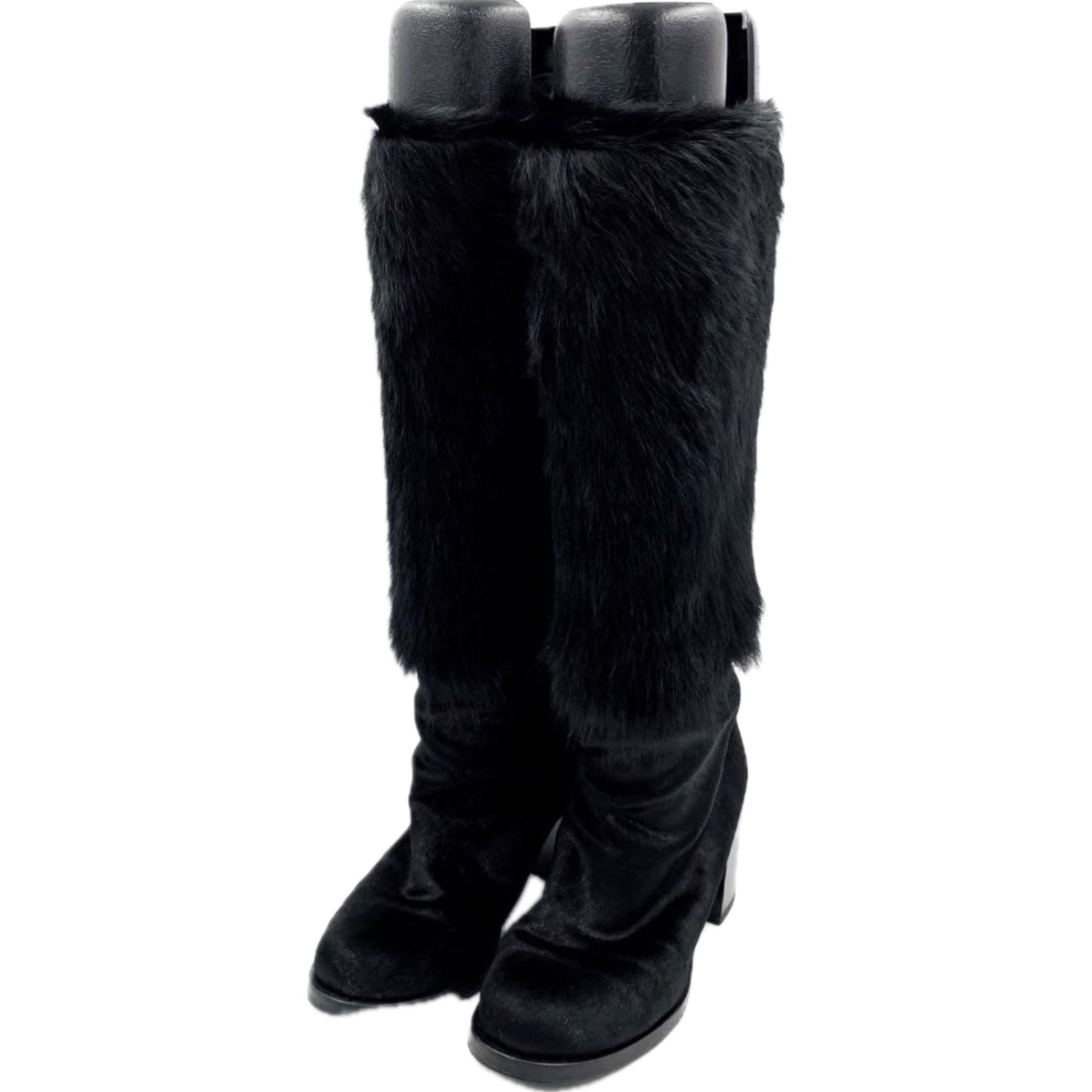 Chanel Fur Knee High Heel Boots W Logo Sz 37.5
