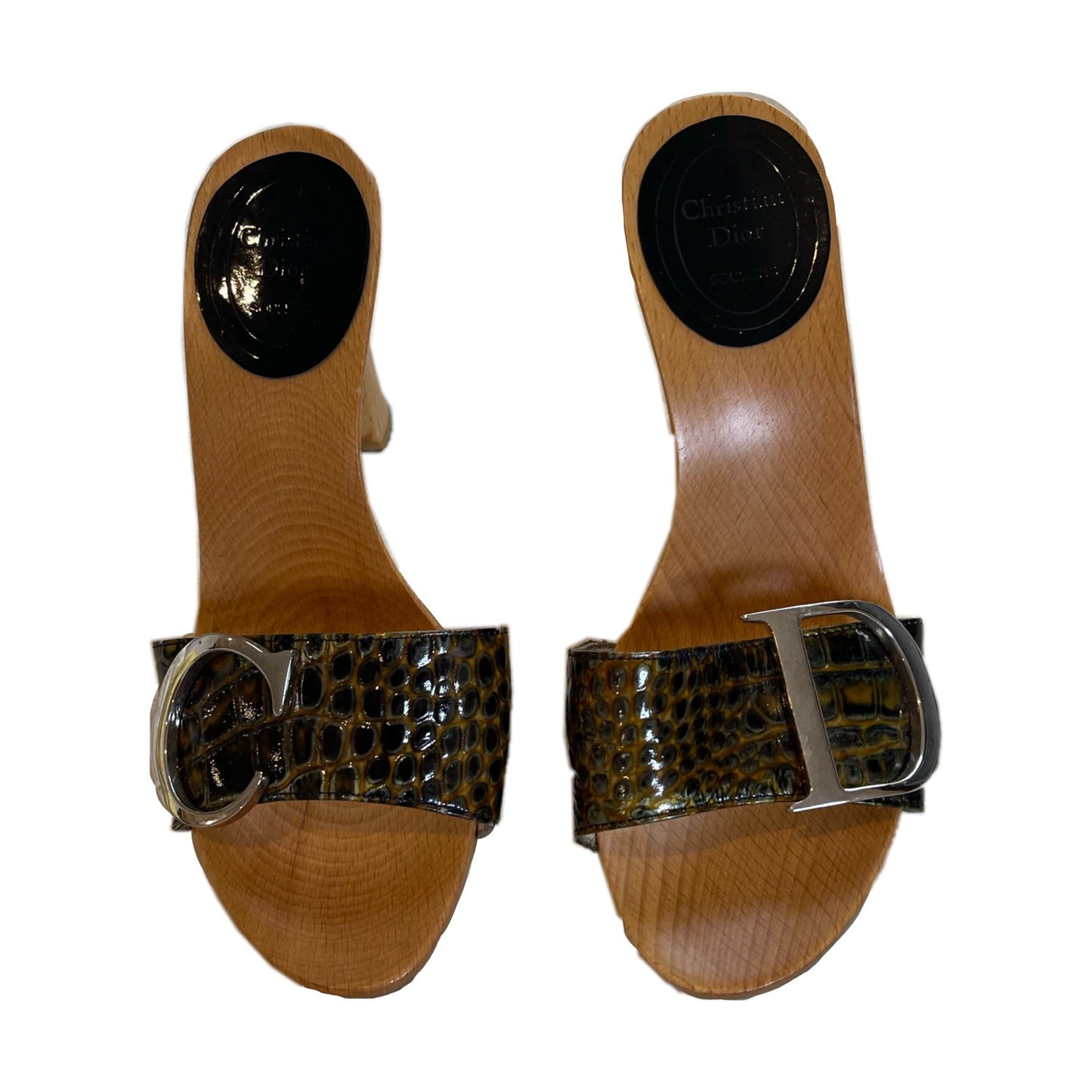 Christian Dior Logo Alligator Skin Wooden Clogs