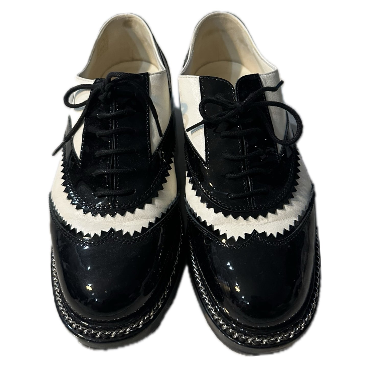 Chanel Two Tone Patent Leather Logo Chain Detail Brogues Oxfords Sz 38