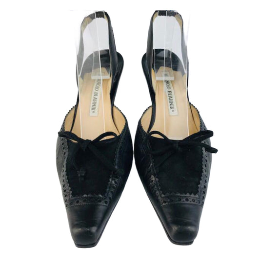Manolo Blahnik Leather Suede Point Toe Slingback Kitten Heels