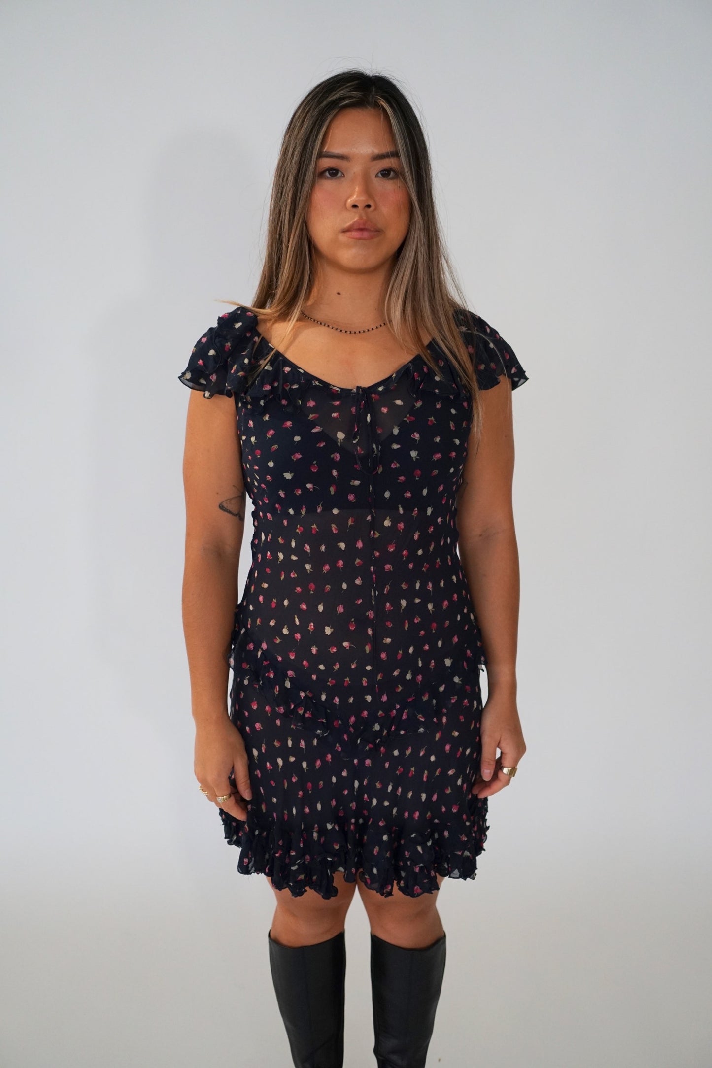 Moschino Cheap And Chic Floral Sheer Chiffon Frill Layered Midi Dress