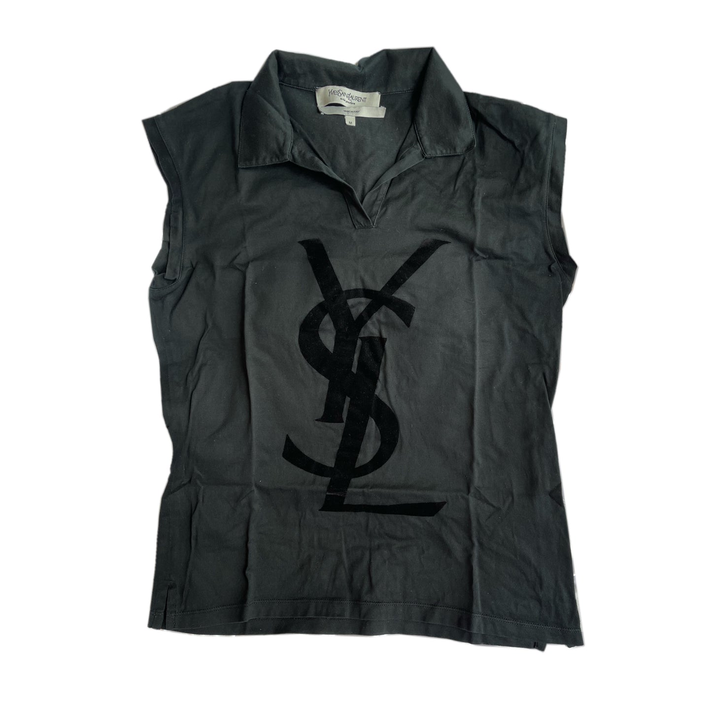 Yves Saint Laurent Dark Teal Velvet Logo Sleeveless Quarter Polo
