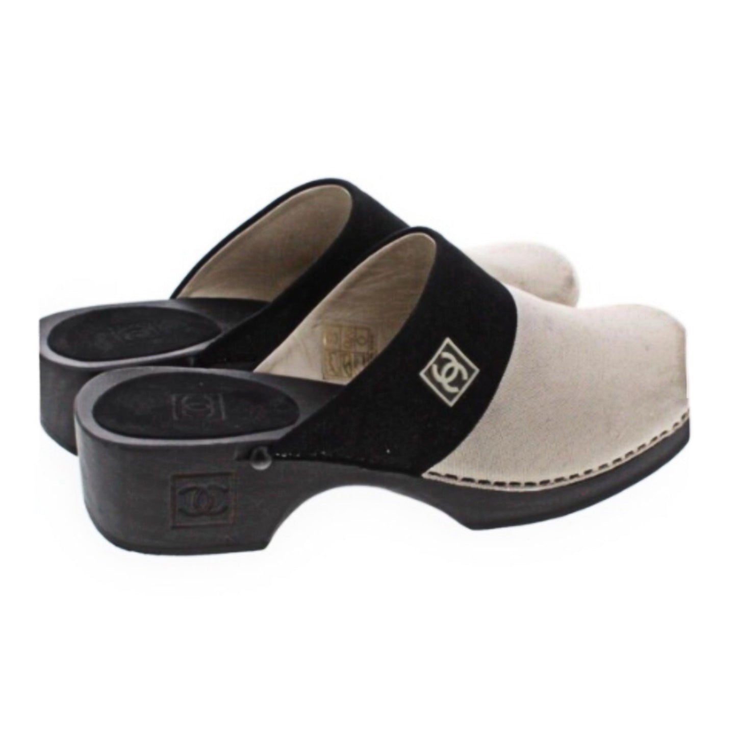 Chanel Beige Black Wooden Suede Clogs Mules