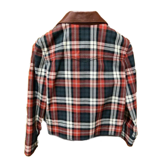 Miu Miu Plaid Checkered Zip Leather Collar Trucker Jacket